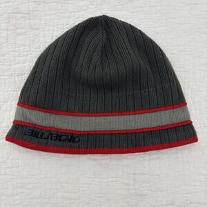 VTG Billabong Grey Striped Knit Beanie Cap Winter Hat Red Stripes Y2K
